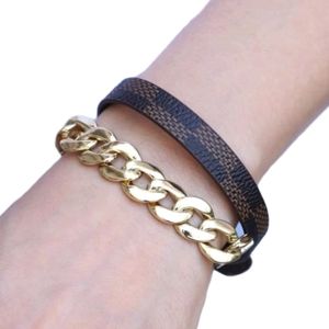 Brown Checkered Leather and Chain Bracelet